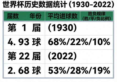世界杯历史数据统计表格截图 - 显示各届比赛平均进球数与胜负规律